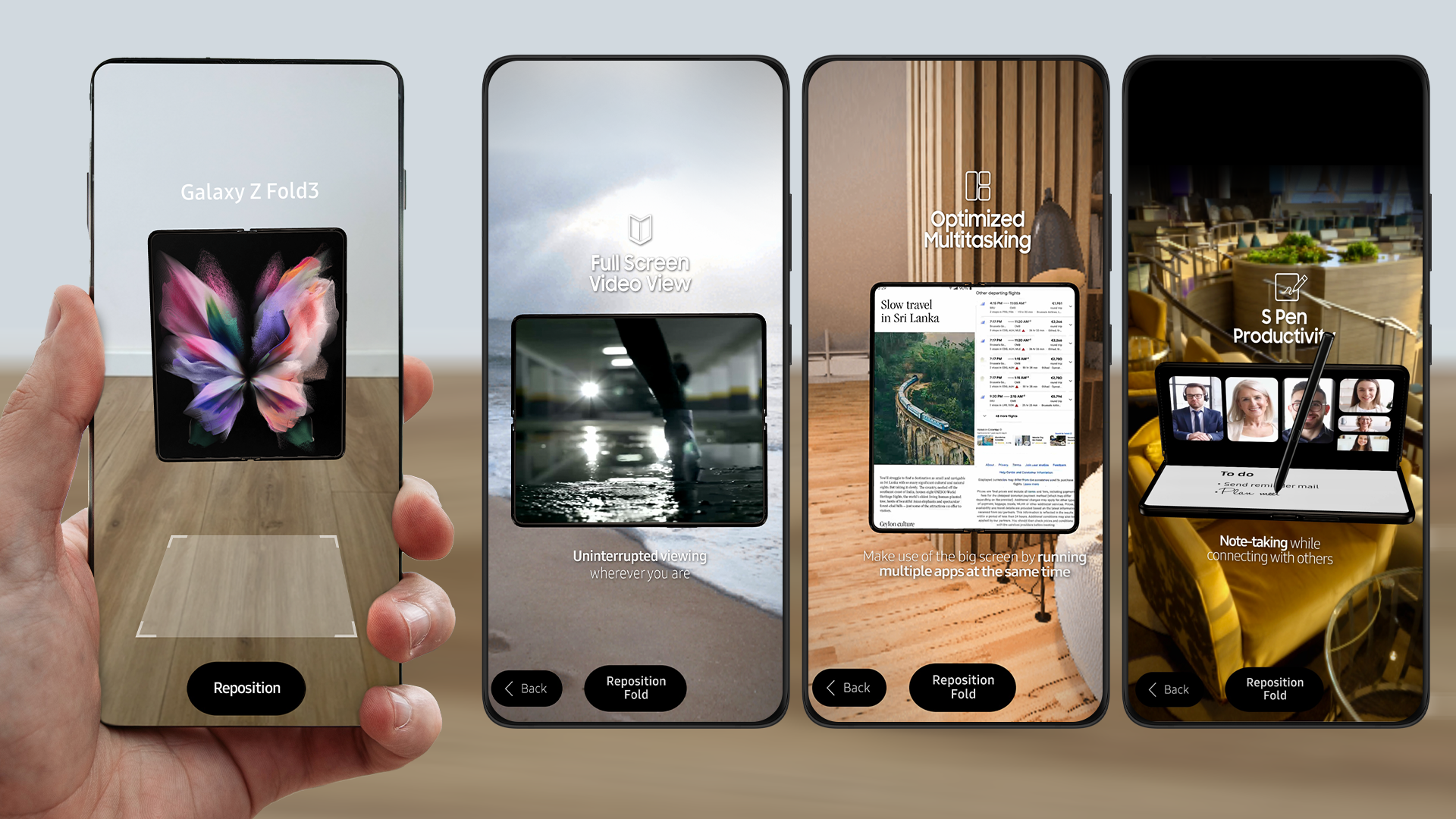 Galaxy Z Fold3 Augmented Reality Experience on several phone screens.