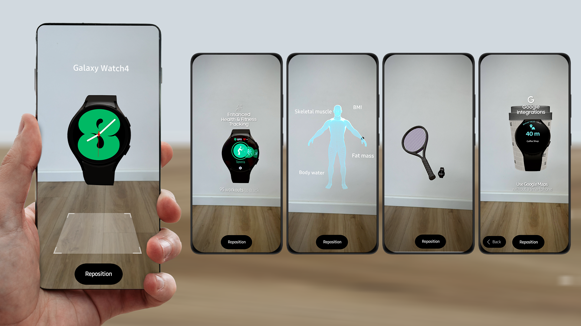 Galaxy Watch4 Augmented Reality Experience displayed on several phone screens.