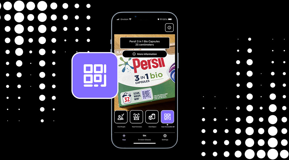 Picture shows a phone screen with the Envision app on the screen highlighting the new accessible QR code